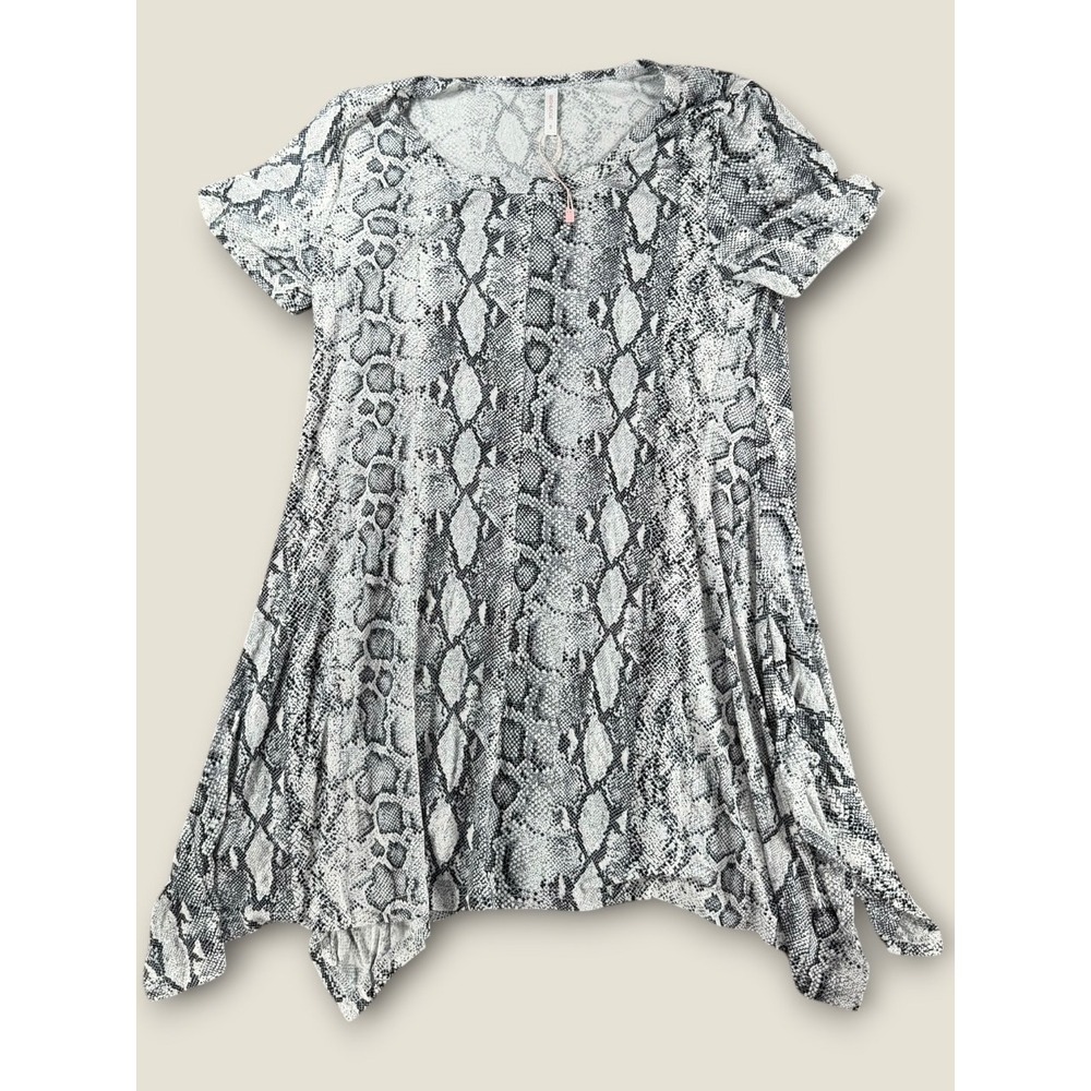 BISHUIGE Womens Snakeskin Print Handkerchief Hem Tunic Top Grey Black Small